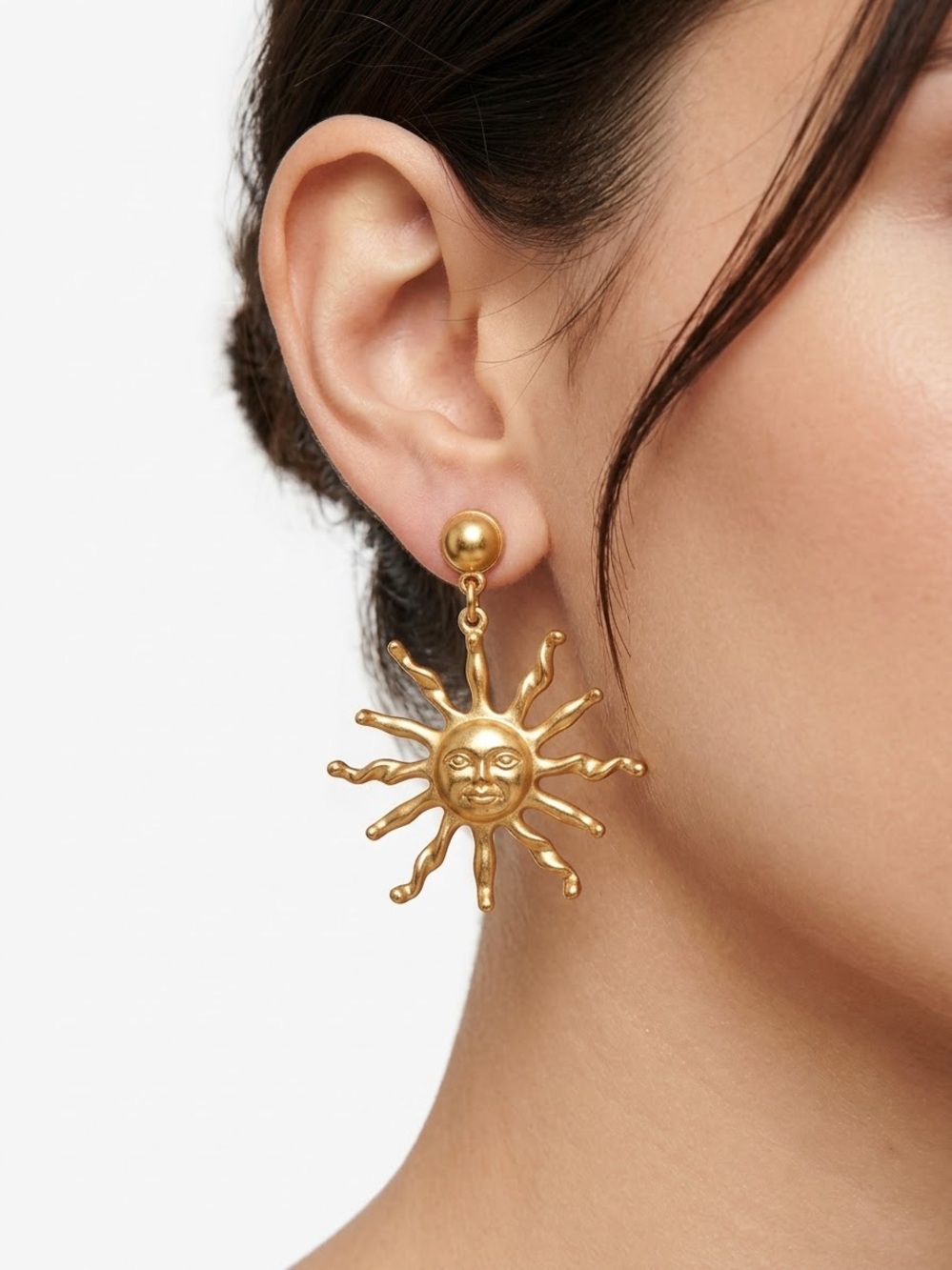 Gold Sun Face Drop Earrings - Women Jewelry